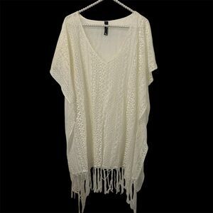 Express Kimono Poncho Lace Cover-Up Fringe Cream Womens OS Coastal Beach Boho